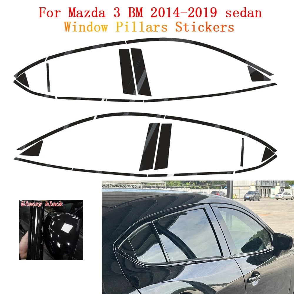 Adesivi neri lucidi per la rimozione del cromato dai finestrini e dagli montanti ABC della Mazda 3 BM berlina 2014-2019