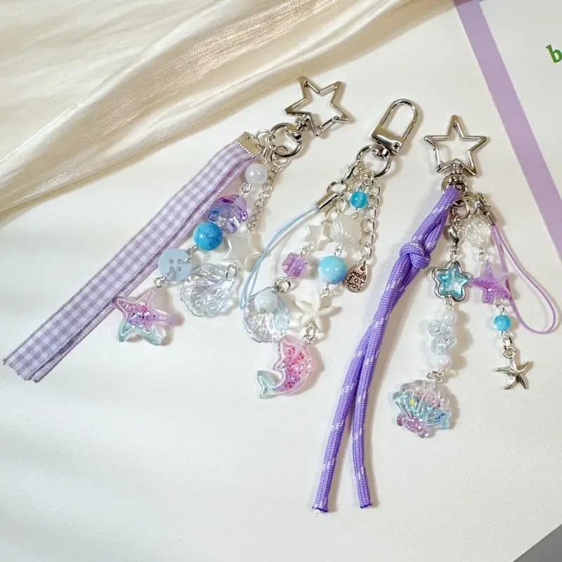 Dolce viola conchiglia stella delfino portachiavi portachiavi con perline catena del telefono zaino borsa ciondolo fascino chiave dell'auto decorazione accessori