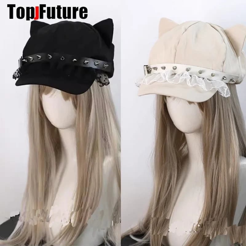Streetwear Lace Ruffle Personalizzato Donna Harajuku Gotico Lolita Cappello berretto Y2K Ragazza Orecchio di gatto Steampunk Punk Spike Cappelli da sole
