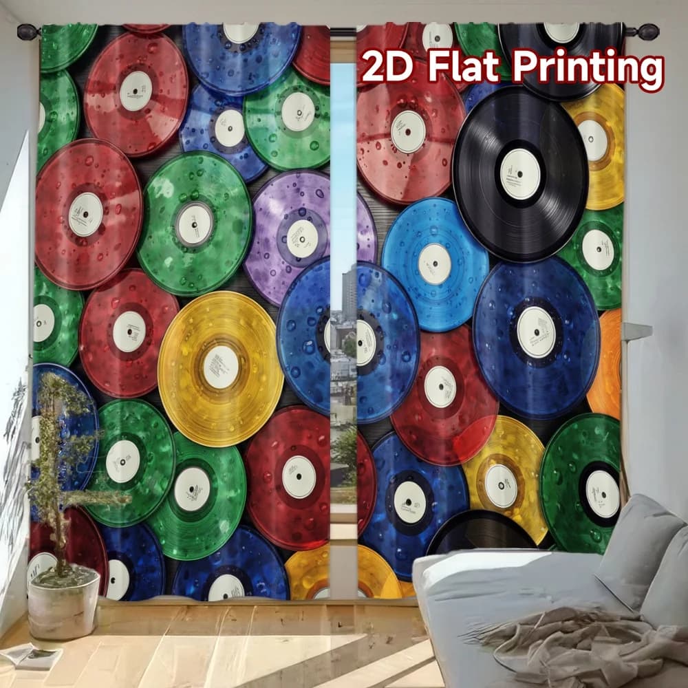 Retro vinyl record pattern Print Drapes Room Darkening Window Curtains for Home Decor,Rod Pocket Blackout Curtains Bedroom