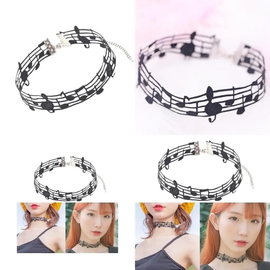 P9FE Elegant Black Alloy and Ribbon Necklace with Distinctive Note Fashion Necklace
