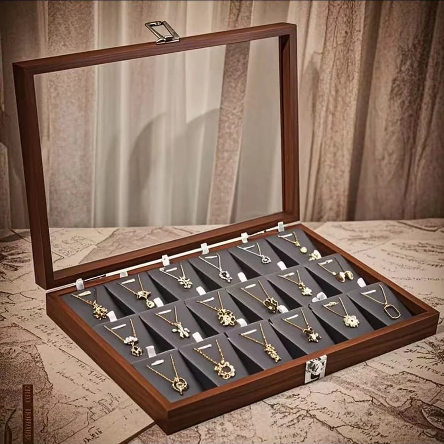 Scatola Portagioie in Legno di Noce per Collane e Ciondoli, con Chiusura a Catena Placcata Oro 18K, Espositore per Bracciali Raffinati, Fatta a Mano Stile Coreano