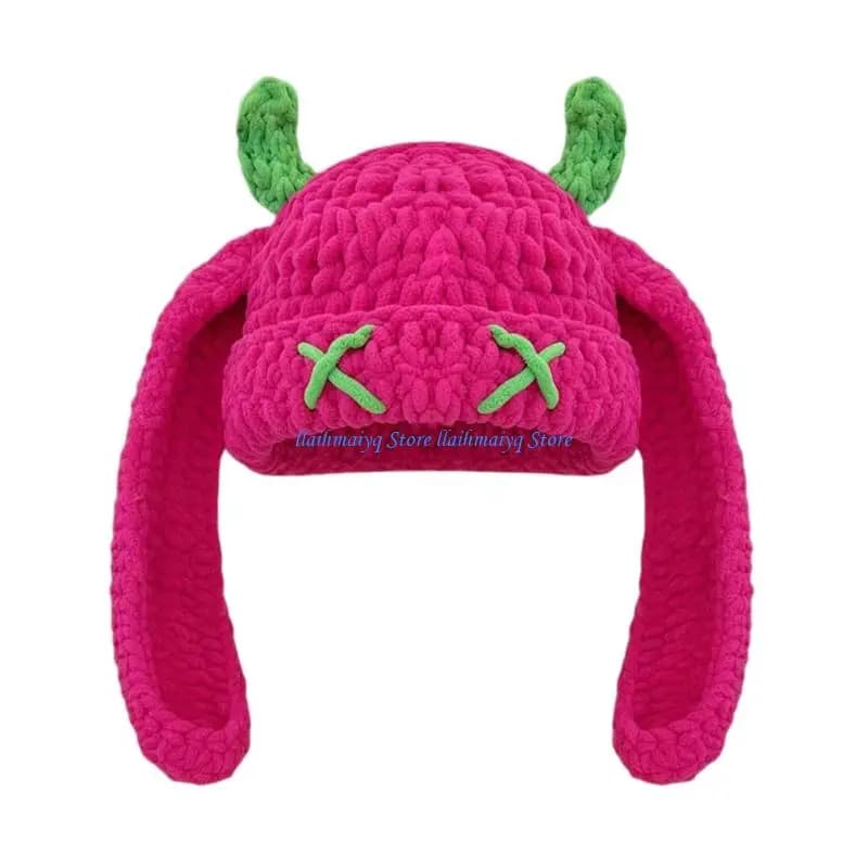 573B Plush Knitted Cap With Devil Horn Winter Warm Pullover Hat for Outdoor Activity