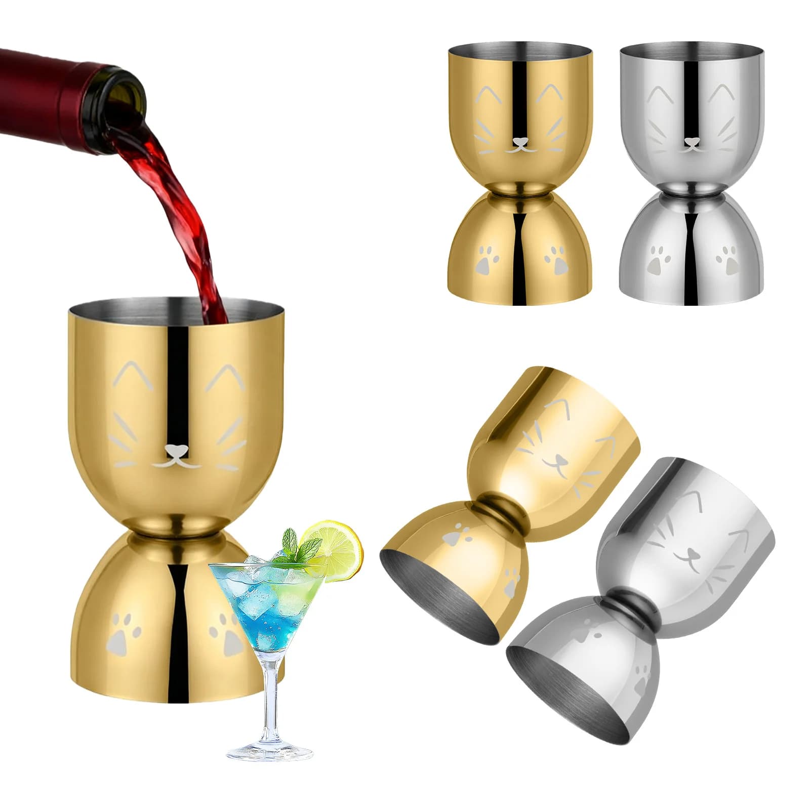 Jigger per cocktail da bar misurato doppio 20 ml 40 ml Jiggers di misurazione, strumenti in acciaio inossidabile Shaker per tazze, misurino per gatti in argento dorato