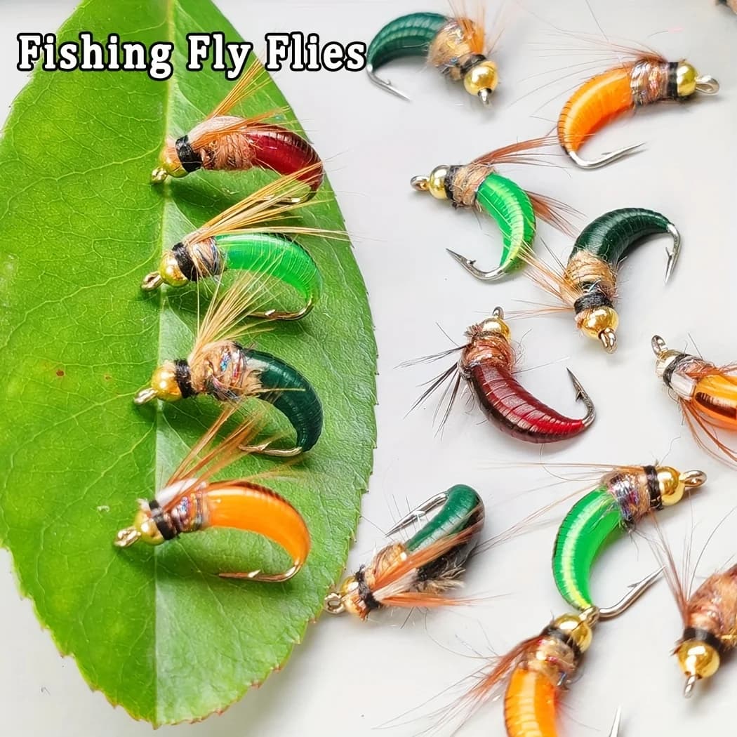 Artificial Dry Fly, 5Pcs/10Pcs- Brass Head Nymph(Light Green/Dark Green/Red/Orange) Bait for Bass Salmon Trout Fishing Lure