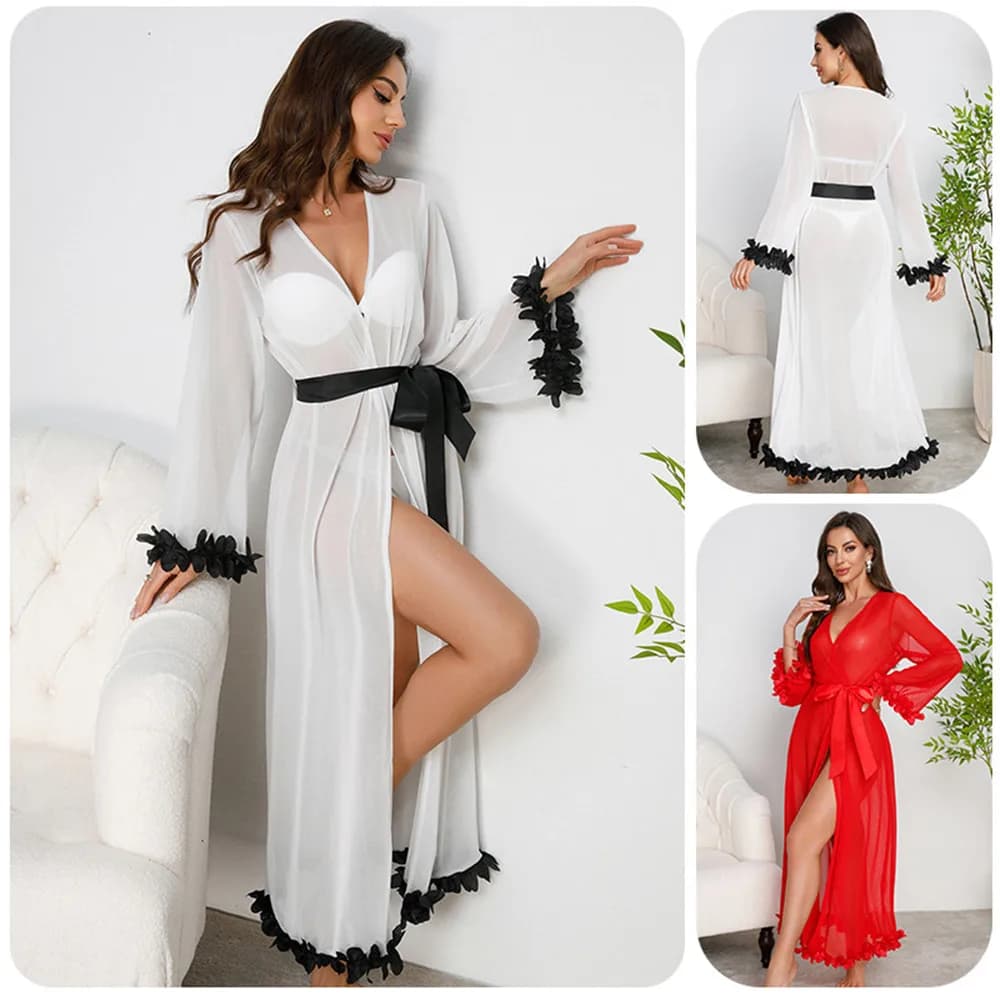 Applique Trim Mesh Robe Sexy Kimono in pizzo Accappatoio Estate Donna Sleepwear Abbigliamento per la casa