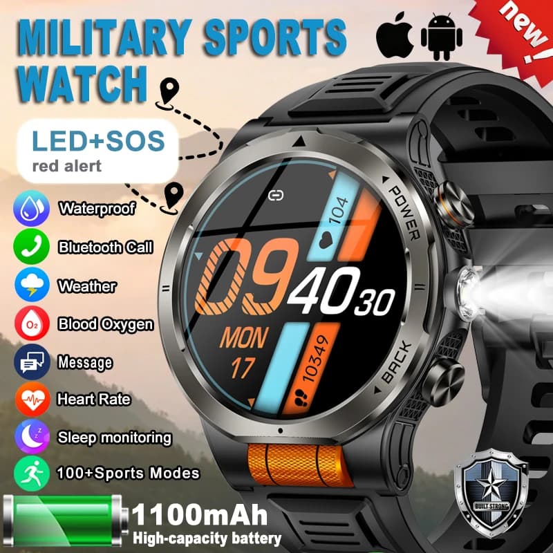 Nuovo Smartwatch Militare con Batteria da 1100 mAh, Impermeabile 3ATM, Tracker Sportivo, Monitoraggio Salute e Frequenza Cardiaca, Chiamate, Compatibile con iOS e Android