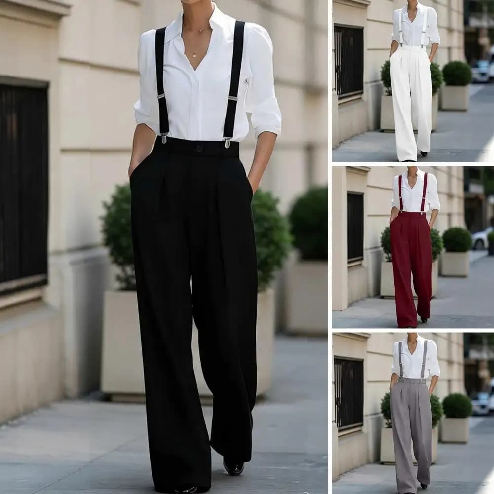 Pantaloni da donna a vita alta a gamba larga con bretelle grigie staccabili, pantaloni eleganti da ufficio