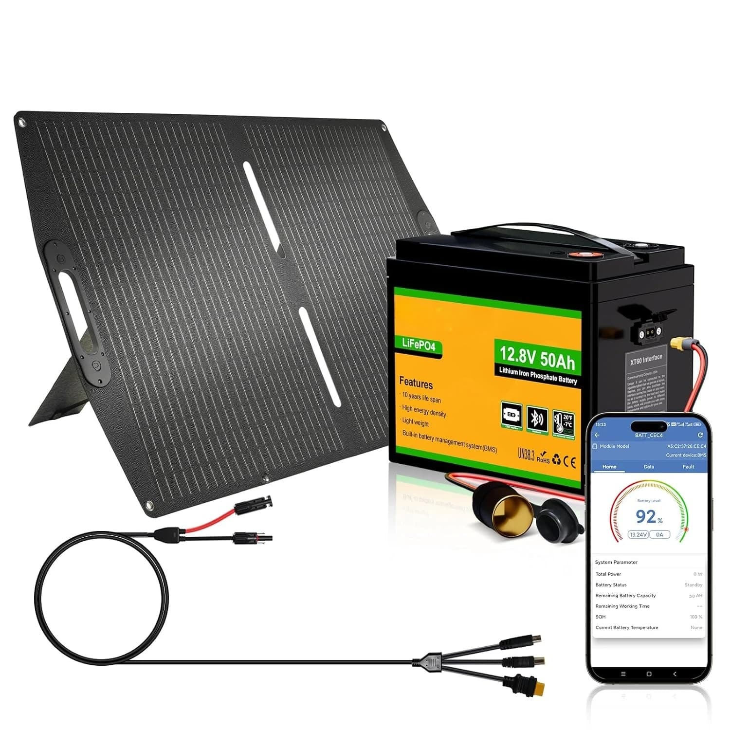 Batteria al Litio LiFePO4 12V 50Ah con Pannello Solare Portatile da 100W, Bluetooth 5.0, Protezione da Bassa Temperatura, Connessioni Personalizzabili