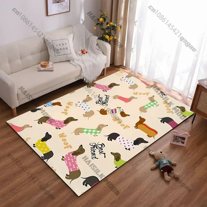 Carpet with cute dogs Bassotto in costume, yoga mat, decoration for living room, baby cat mat, tirbino, carpet for play area