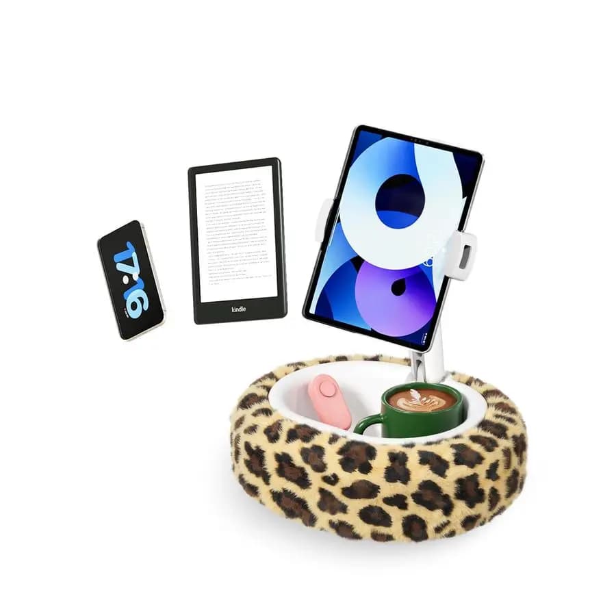 Pillow support with leopard print, soft tablet support with bowl for snacks and cup holders, hands-free support for bed, sofa, compatible