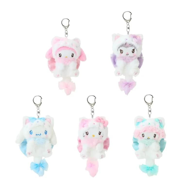 Hello Kitty Cream Cat Bowknot Costume Big Tail Series Soft Fluffy Toy Stuffed Doll Keychain Women Gift Car Key Handbag Pendant