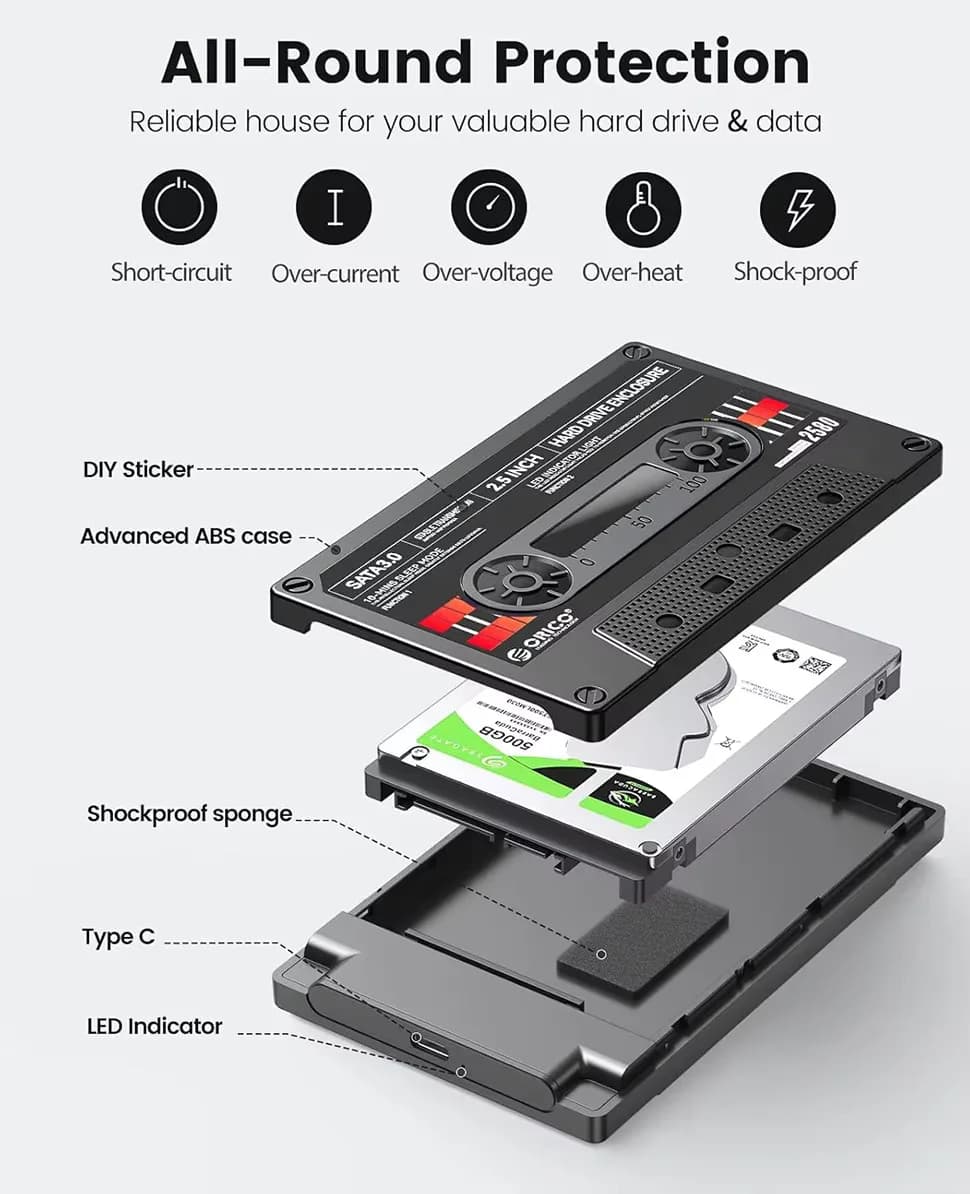 ORICO USB C SATA III Classic SSD HDD6Gbps Custodia per disco rigido da 2,5 pollici Custodia esterna HD Scatola di immagazzinaggio antiurto per PC portatile