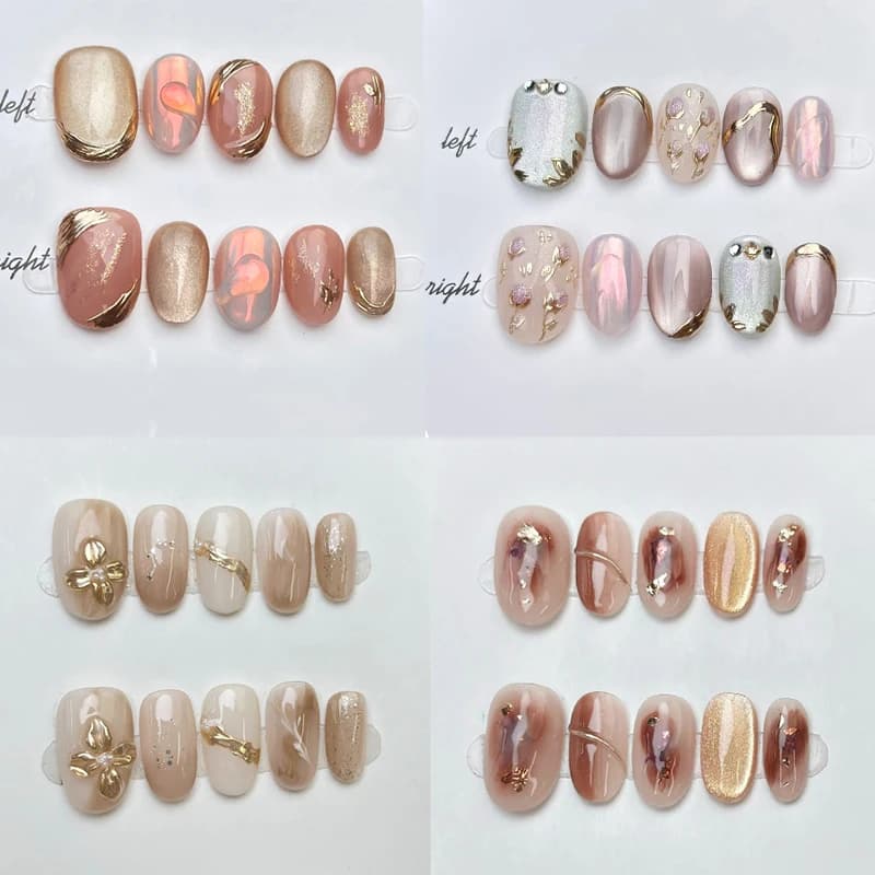 10 pezzi fatti a mano stampa sulle unghie design occhio di gatto unghie finte indossabili staccabili punte per unghie finte a forma ellittica con glitter rosa polvere