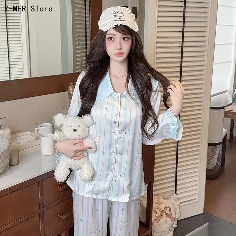 Women Spring Ice Silk Pajama Set Piece Fashion Ladies Soft Casual Home Loungewear Comfort Sleepwear Outfit