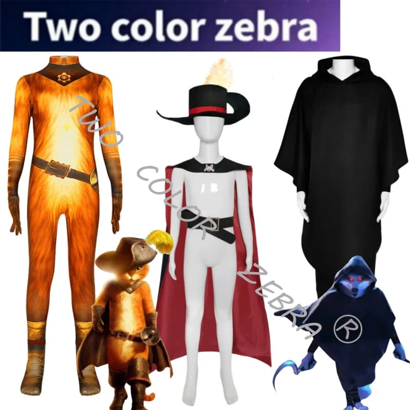 Costume da Gatto in Scarpone per Cosplay, Set con Mantello Nero, Cappello a Tre Punte con Piume, Cintura Nera, Body e Mantello da Lupo per Giochi di Ruolo