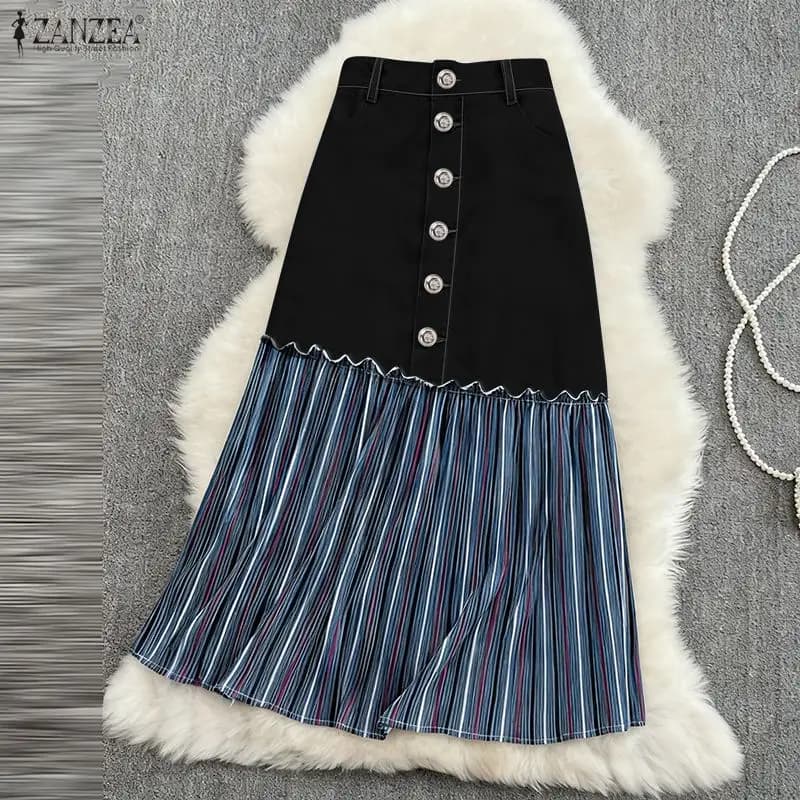 2025 ZANZEA Donna Autunno Denim Gonne lunghe Vita alta Stampa patchwork Jupes Faldas Saia Bottoni allentati casuali Gonne increspate