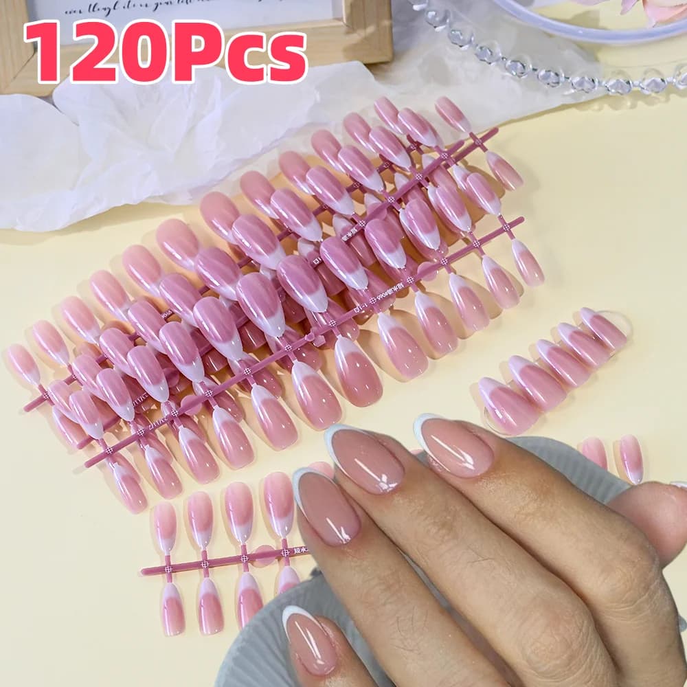120 pezzi rosa francese corto mandorla punte per unghie finte copertura completa design bordo bianco stampa sulle unghie punte di estensione unghie finte lucide