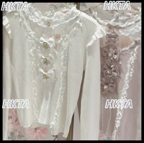 Japanese Cute Sweet Bow Black Liz Sweater Pullover Lolita Girls 2025 Autumn New Lace Patchwork Slimming Knitted Sweaters Top
