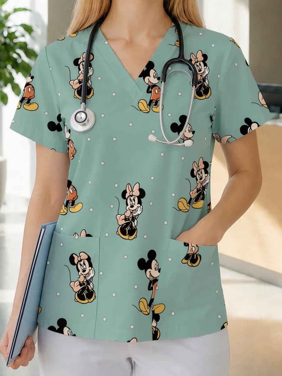 Nurse Uniforms Woman Disney White Top Women T Shirts New Cute Tops Women's T-shirt V Neck Alternative Clothing Y2k Patch Pocket