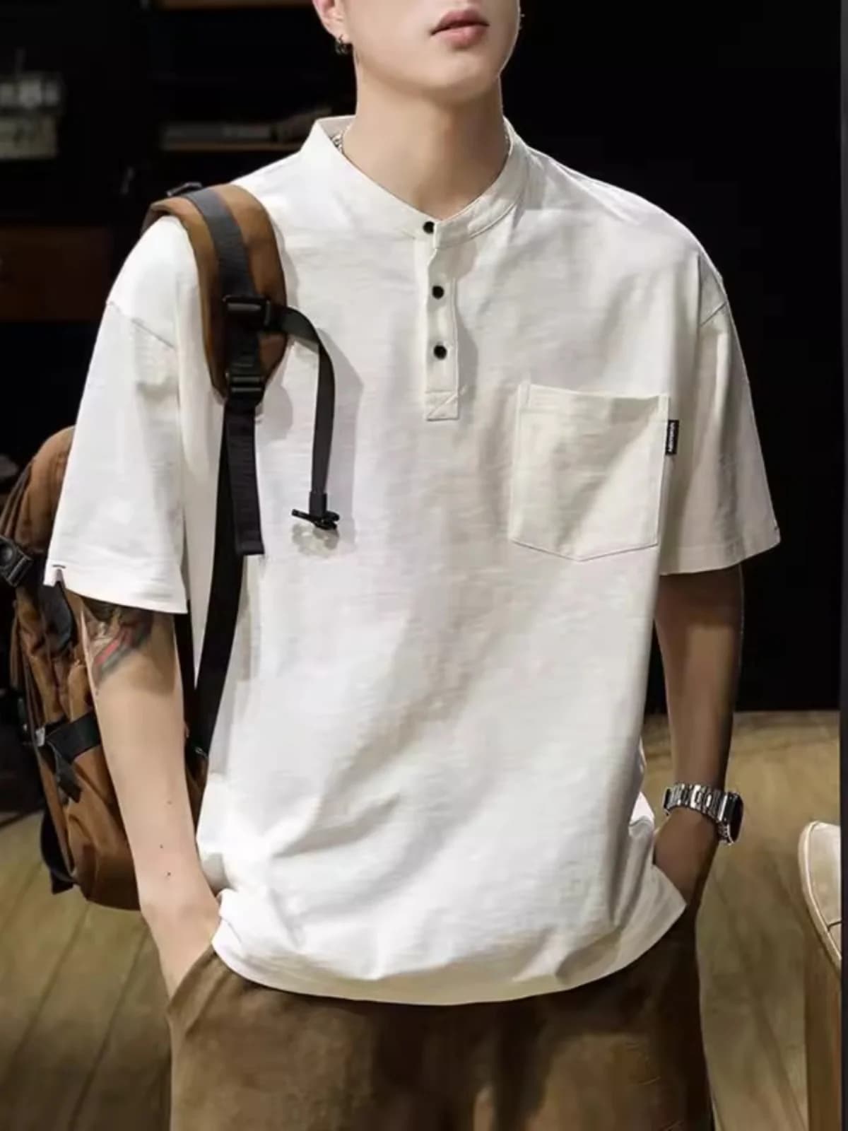 Extra Large 300 Pounds Short Sleeve Shirt Men Summer Loose Henry Collar Workwear T-Shirt Breathable Pure Cotton Youth Trend