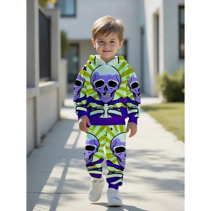 Boys Hoodie Jogger Set: Ray Skull Skeleton Print, Colorful Zombie Skeleton, Cute Black Cat Pumpkin Graphic Kids Tracksuit