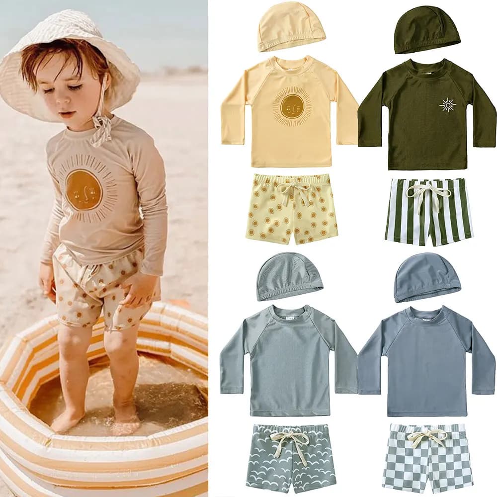 Fashionable two-piece swimsuit for children, set rash guard with UV protection, long sleeve shirt, shorts and hat, 3 pieces/set, 9-12 months, 1-7 years