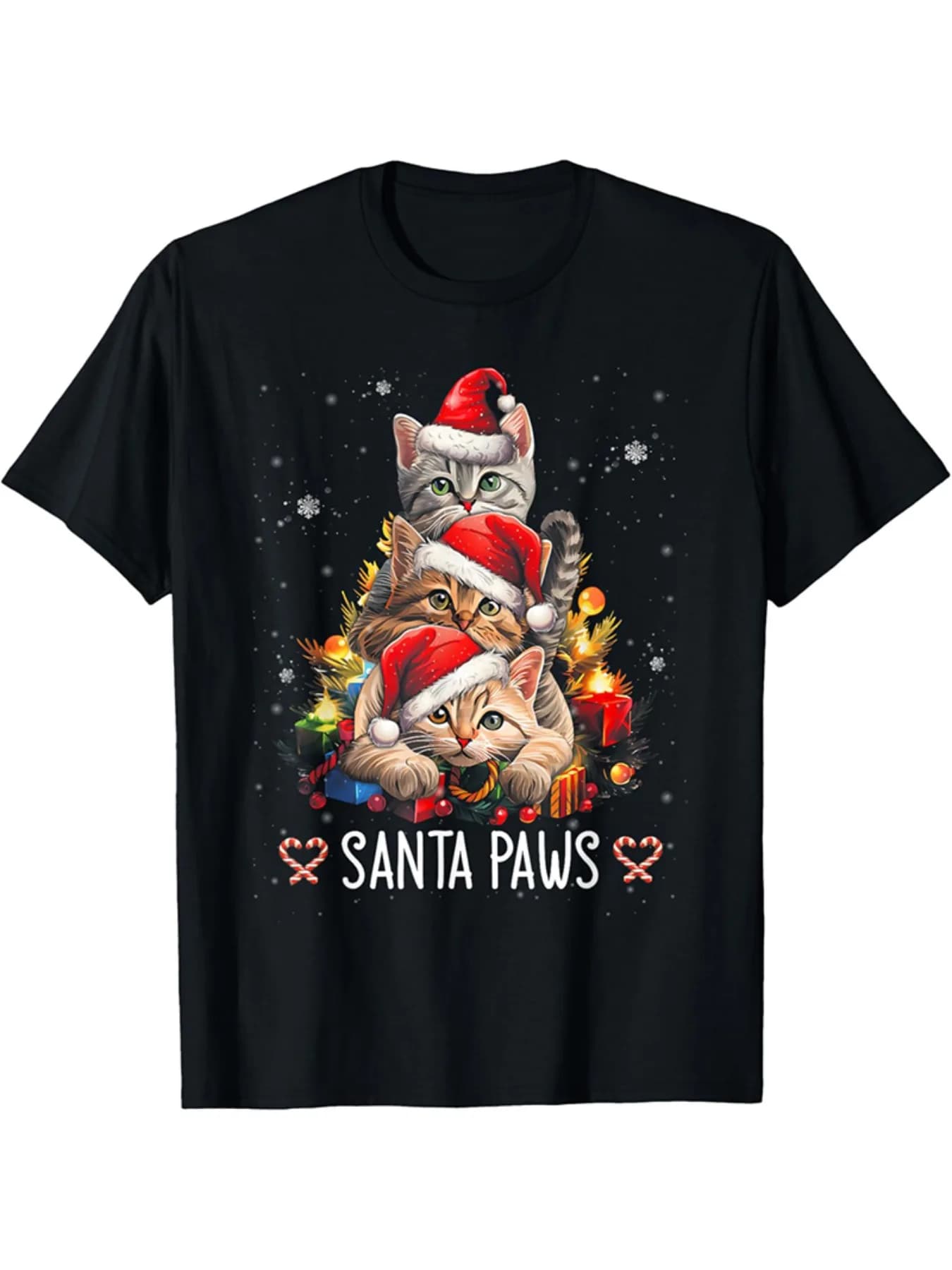 Maglietta natalizia da uomo con Babbo Natale - Grafica con gatti di Babbo Natale, tessuto morbido ed elastico, nero, festa per gli amanti dei gatti/abbigliamento quotidiano