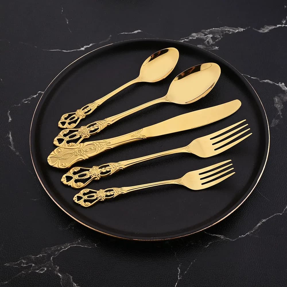 5 pieces set of tableware in real gold dessert knife fork spoon set of cutlery in stainless steel kitchen cutlery