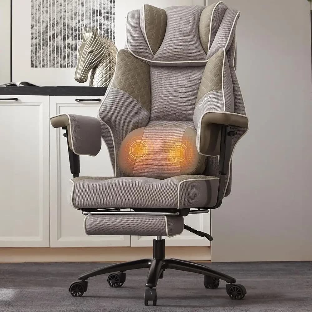 Sedia da Ufficio Ergonomica di Lusso con Massaggio, Cuscino Ampio, Braccioli Regolabili e Poggiapiedi in Grigio