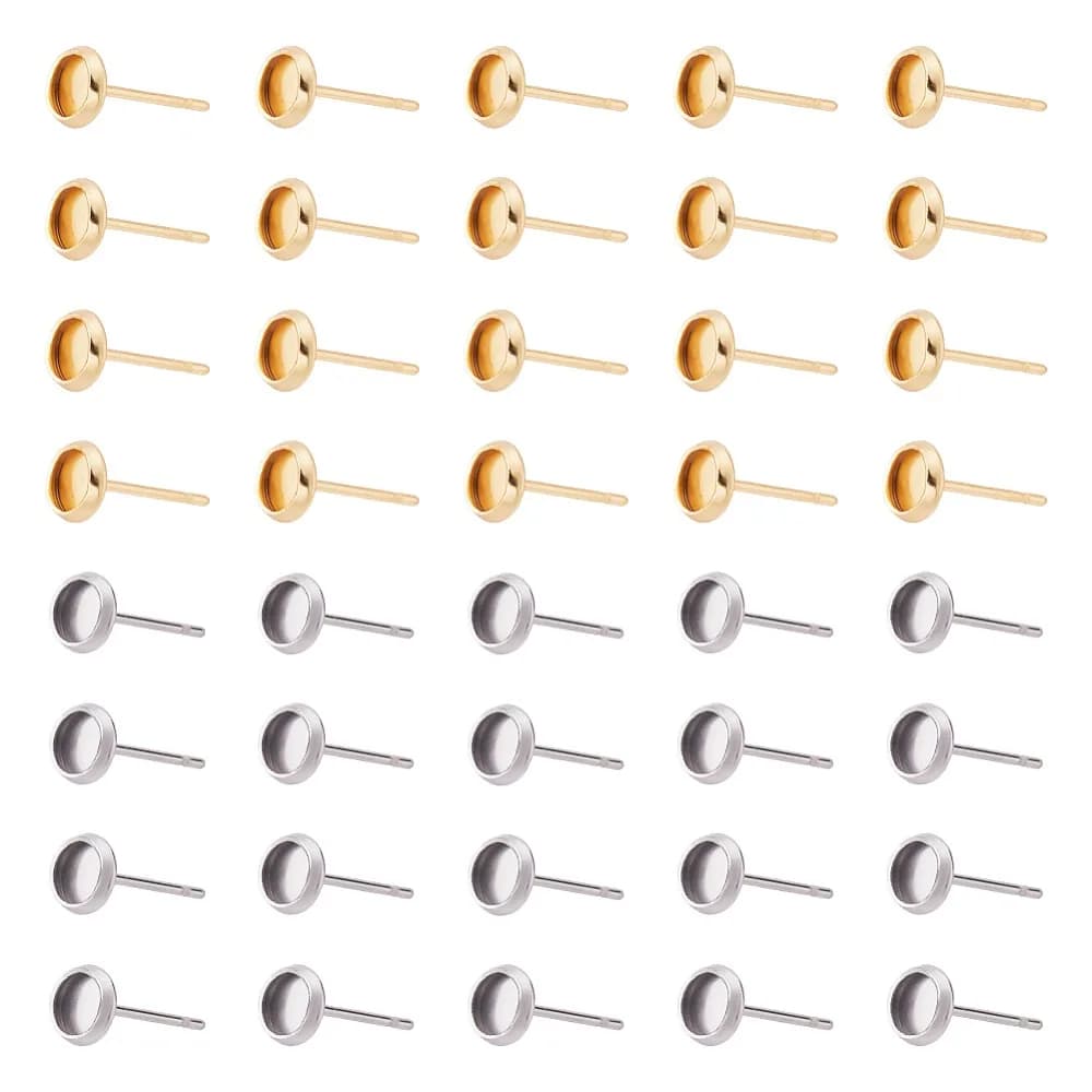 100Pcs 2 Colors Flat Round 304 Stainless Steel Stud Earring Settings Golden Stainless Steel Color Tray: 4mm Pin: 0.8mm