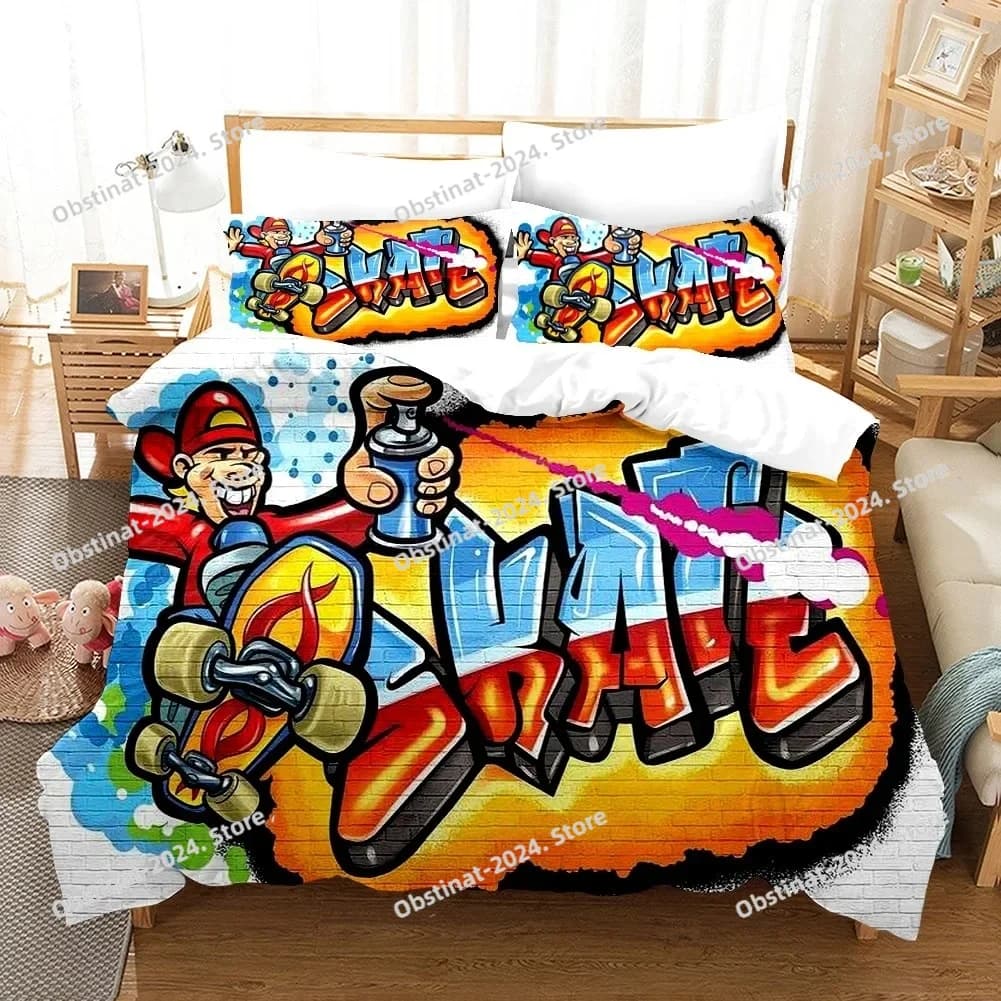 Set biancheria da letto stile cartone animato Hip-Hop Graffiti 3D Set letto stampato Copripiumino Lenzuolo Federa Copripiumino morbido Full Queen King Size