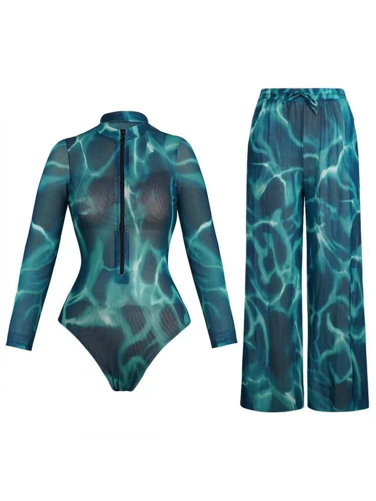 Costume da bagno intero vintage 2026 in rete trasparente UPF50 con pantaloni, sexy, protezione solare, per donna, abbigliamento da spiaggia