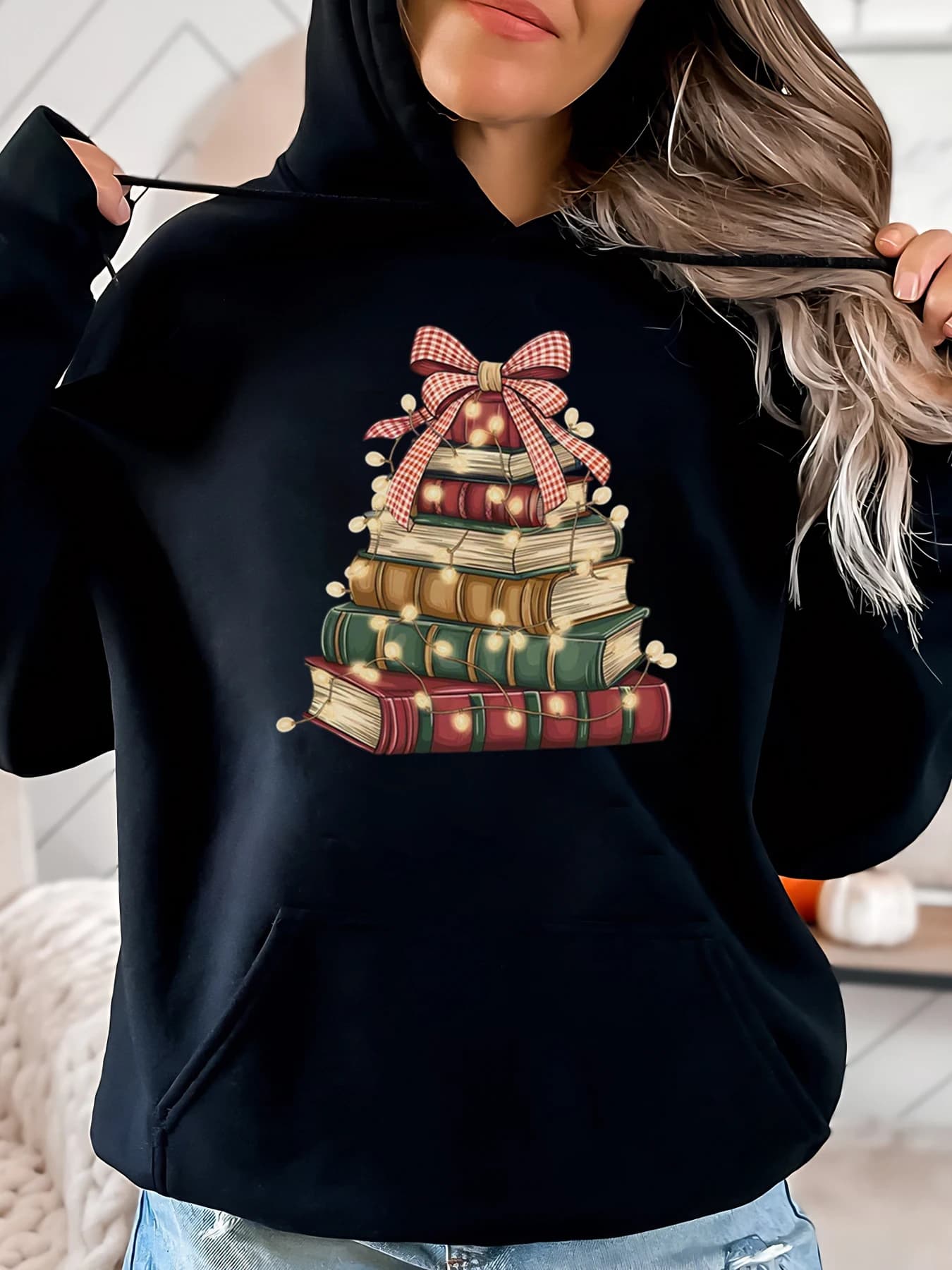 Book Stack Christmas Tree Holiday Women's Hoodie Casual Clothing Cozy Dress Black Plus Size