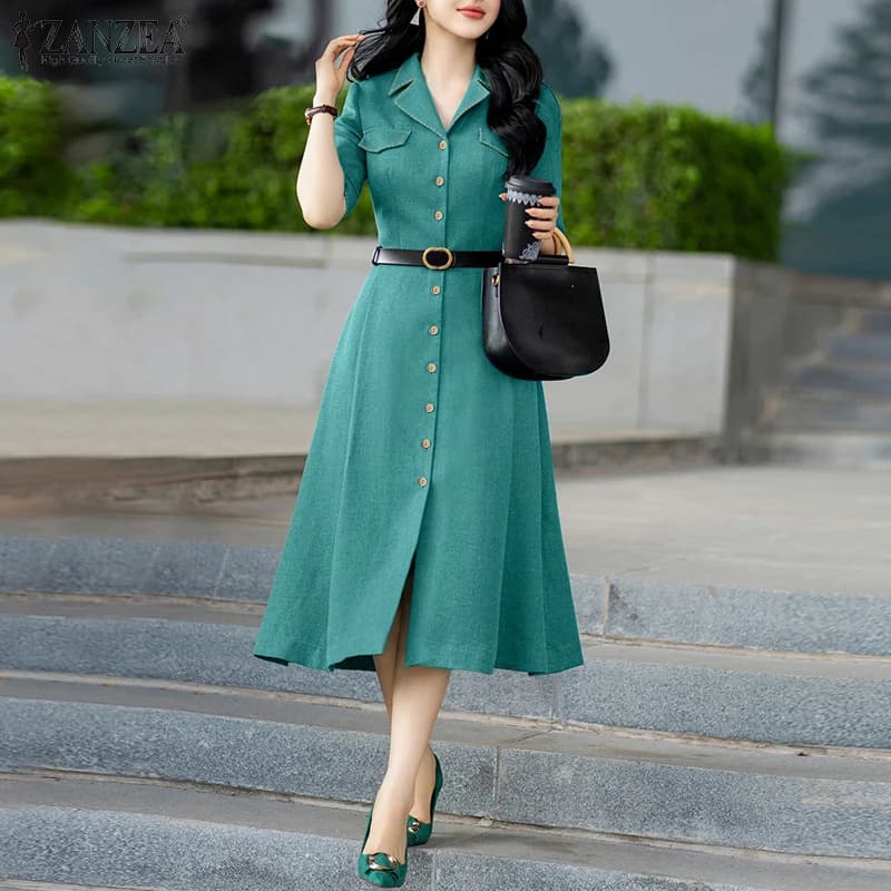ZANZEA Elegant Women Office Dresses Summer Buttons Up Suit Vestido 2026 Fashion Casual Half Sleeve Solid Party Robe Without Belt