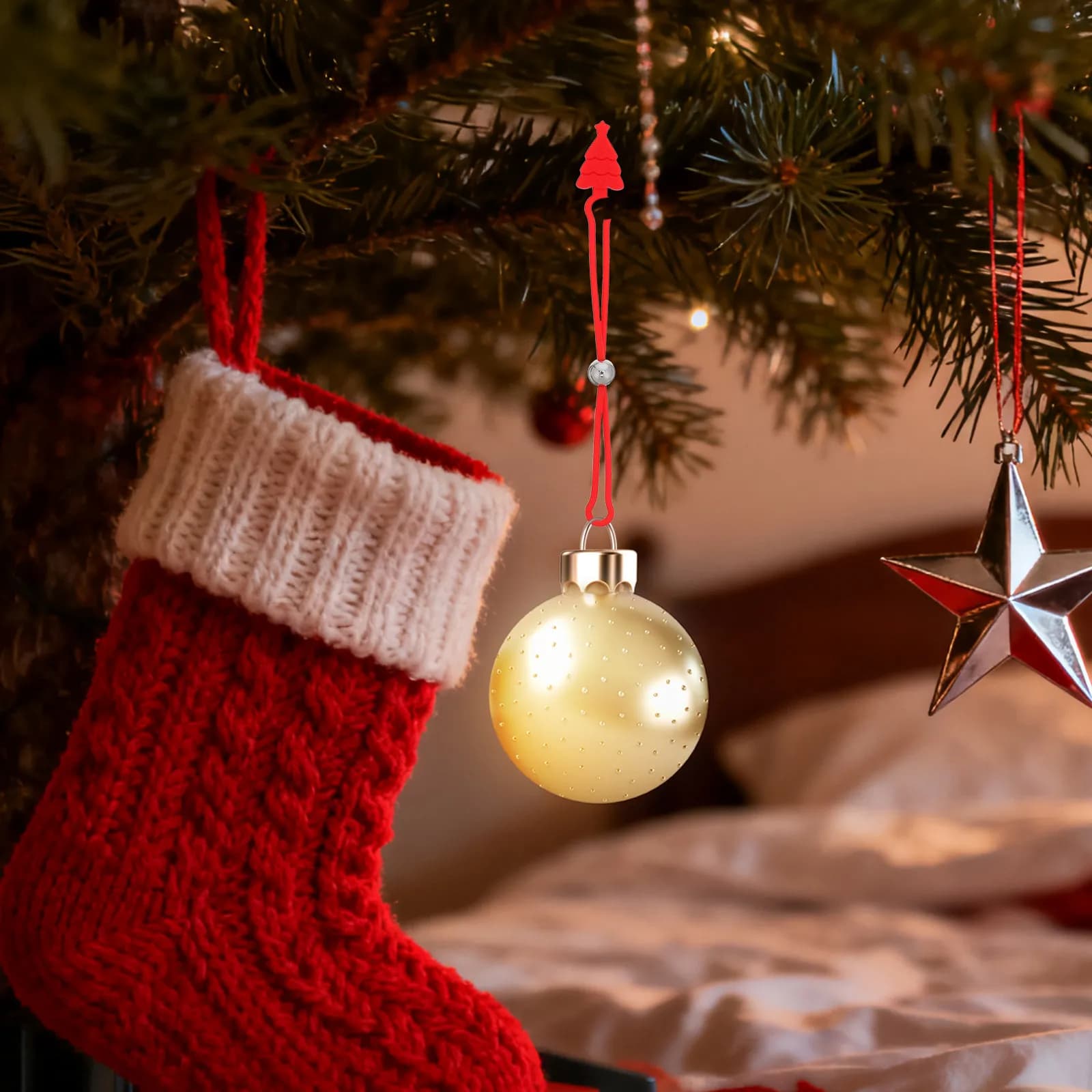 8 Pezzi Ganci per Decorazioni Natalizie Regolabili in Silicone Antiscivolo, Fermacavi Riutilizzabili, Ganci per Palline, Decorazioni Festive