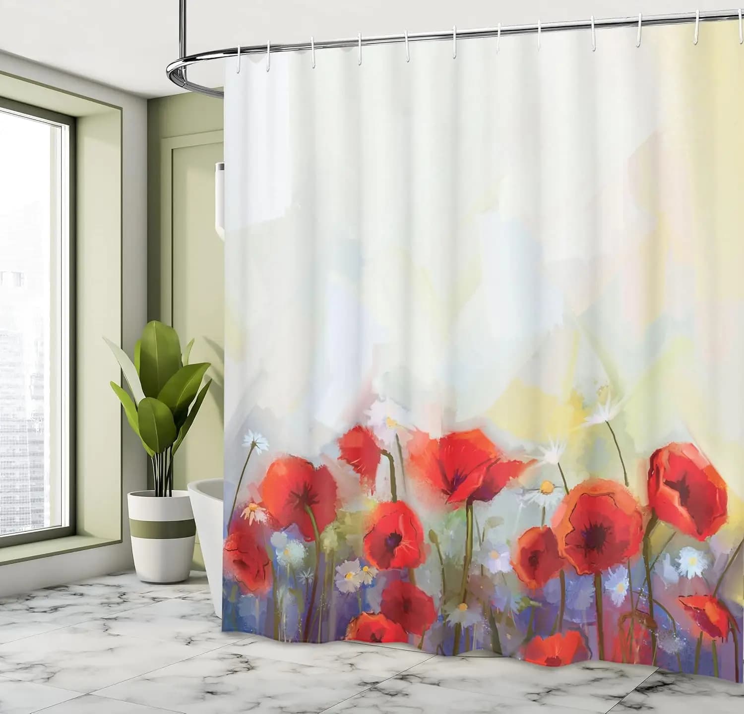 Tenda da doccia con fiori ad acquerello e ganci, Fiori della prateria primaverile, Arte con fiori selvatici, Decorazione per il bagno in stile pittura morbida