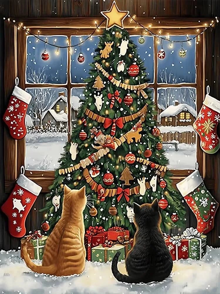 Diamond Painting Cat Christmas Tree Mosaic Handmade Artwork Full Round/Square Diamonds For Beginners Gift Home Decor