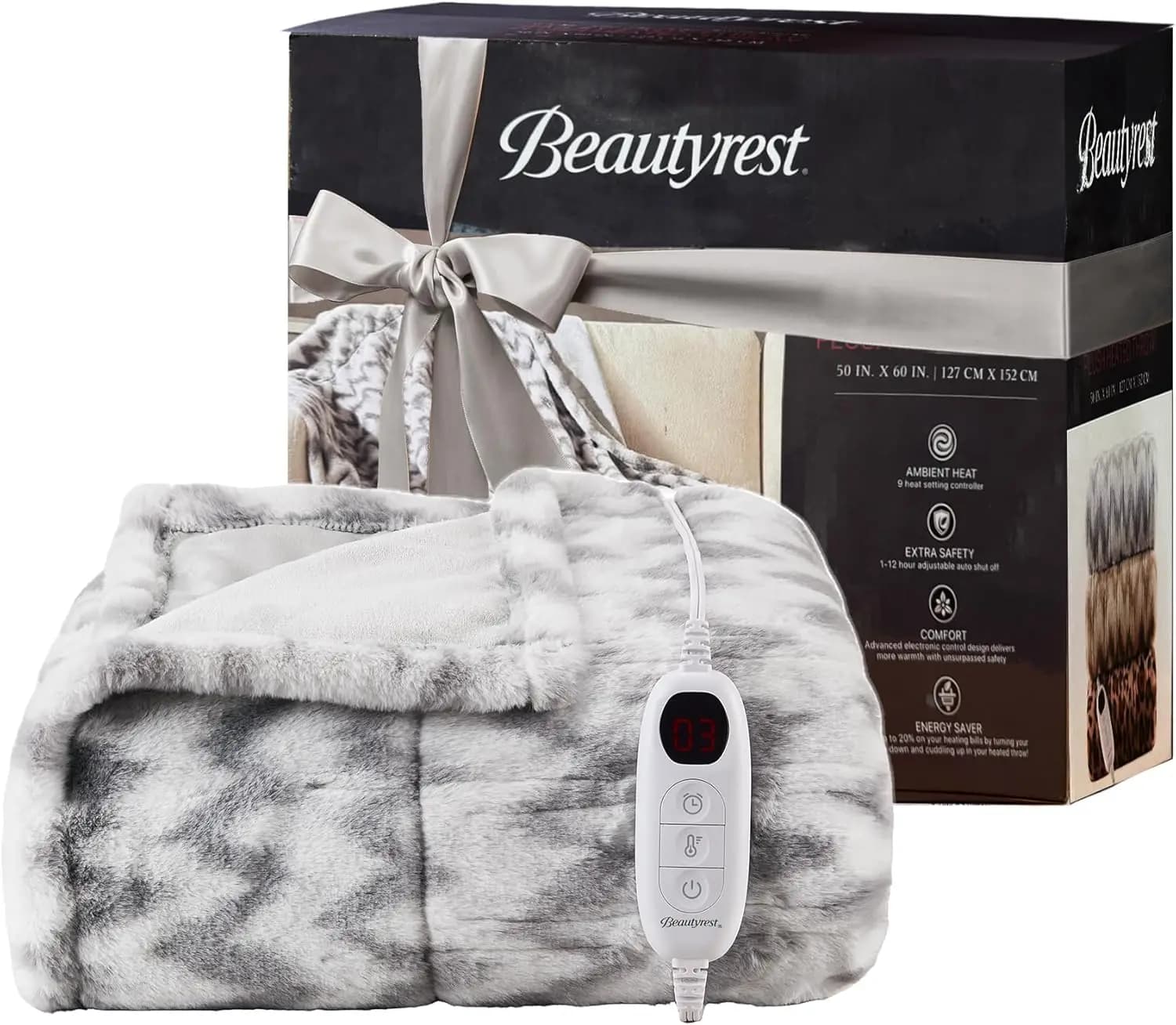 Coperta Elettrica con Spegnimento Automatico, Zero EMF, Impostazioni di Calore Multiple, Certificata UL, Lavabile in Lavatrice, Plaid Chevron Grigio 50x60