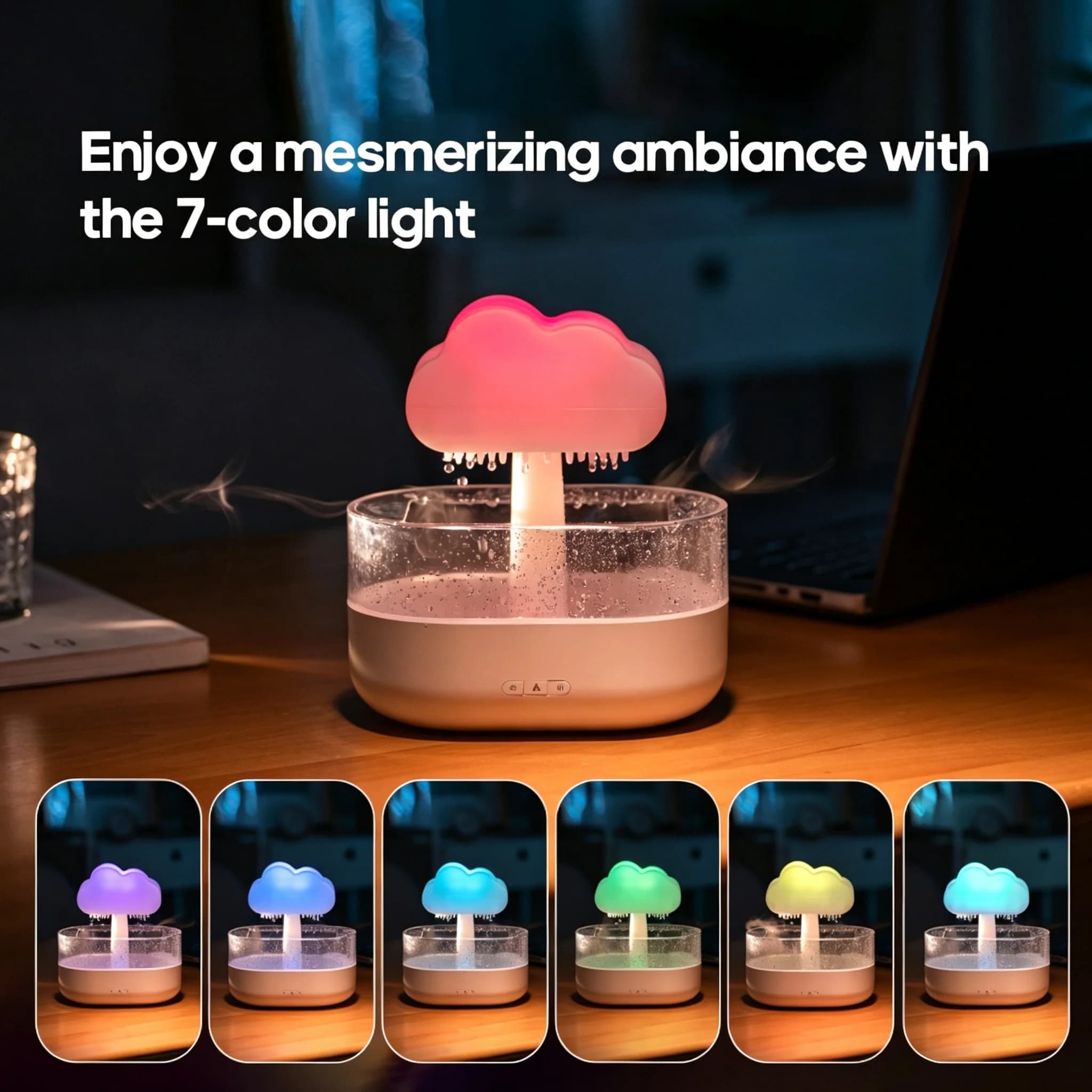 Rain Cloud Raindrop Aroma Diffuser Humidifier, 7 Colors LED Night Light Ultrasonic Essential Oil Diffuser Waterless Auto‑off