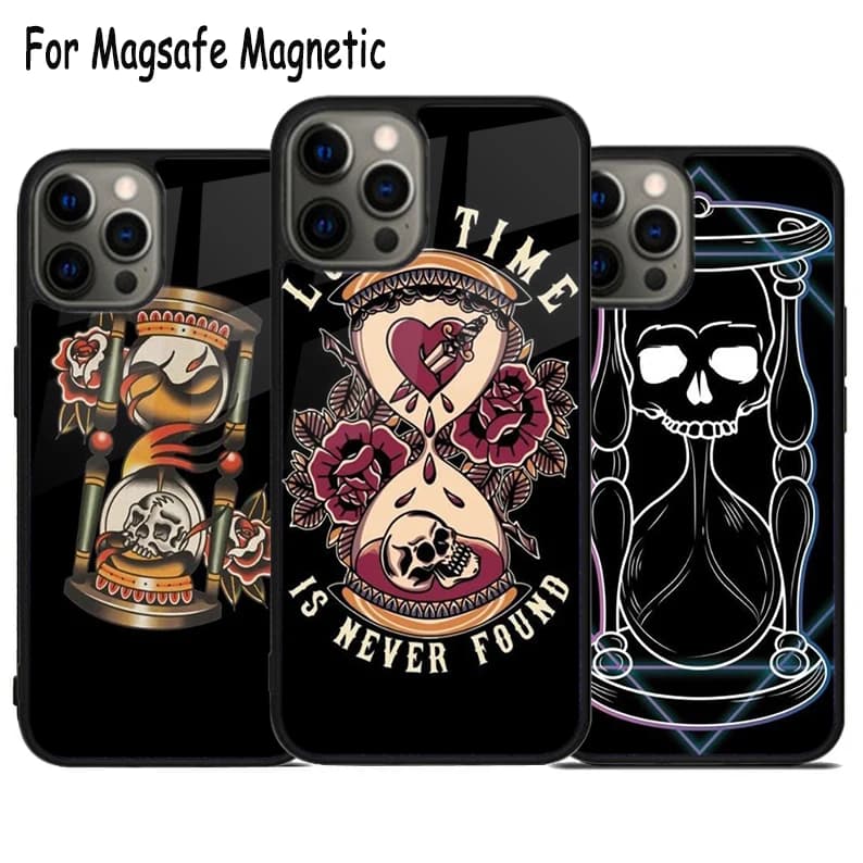 Custodia per telefono con ricarica wireless e design Teschio a Clessidra per iPhone 17 Air 15 16 16e 14 13 11 12 Pro Max Plus, Cover Magnetica Magsafe