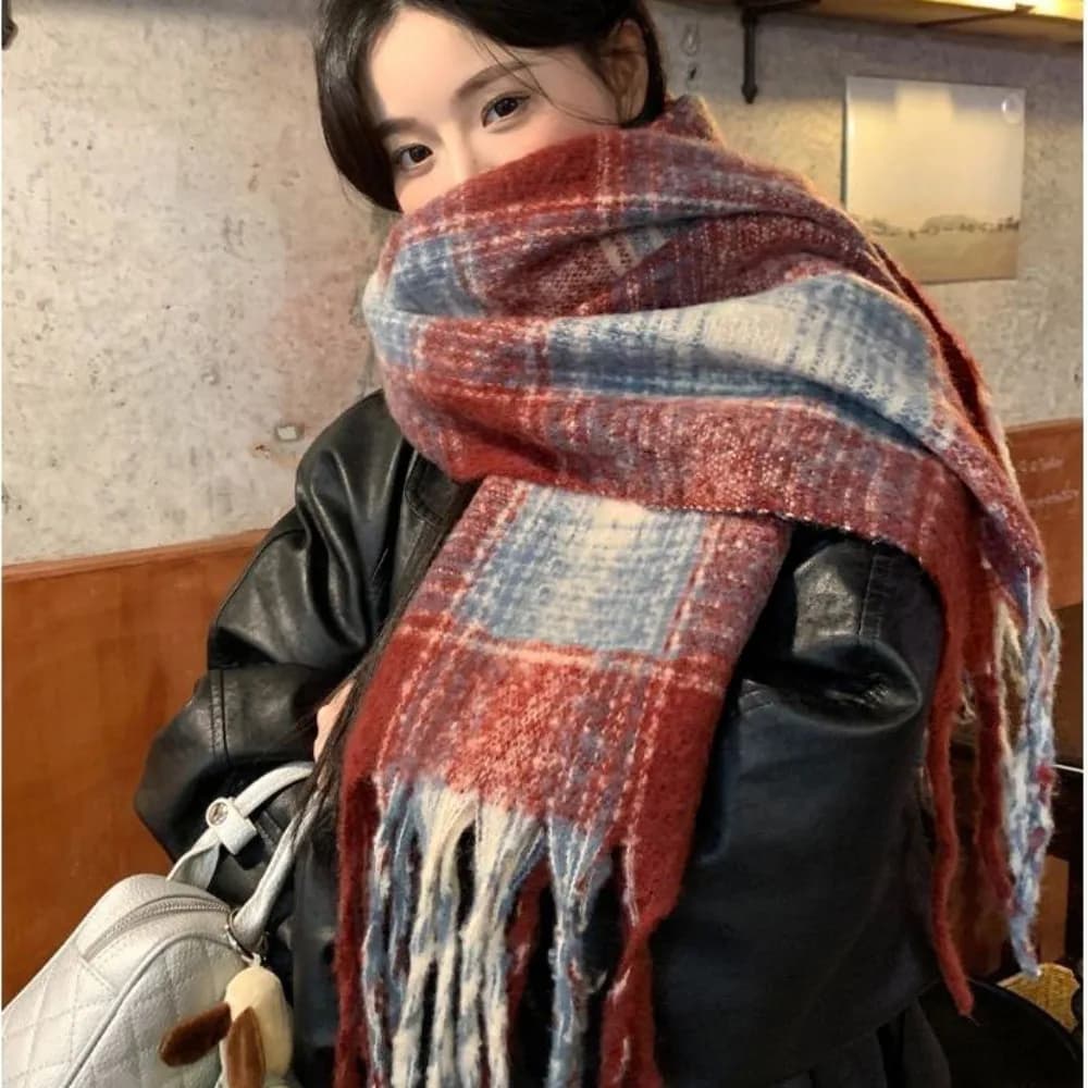Elegant Mohair Plaid Wool Scarf Tassel Winter Cashmere Scarves Korean Style Warm Long Shawl Student