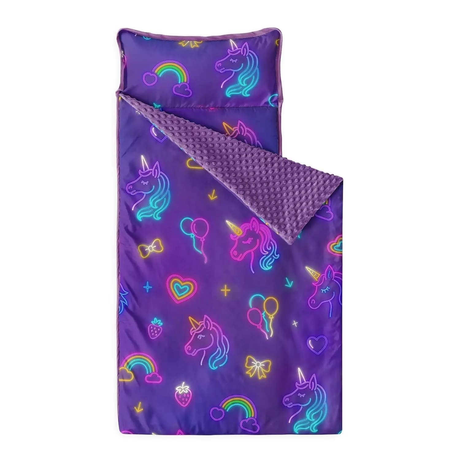 Children's rest pad with pillow and blanket in Minky fleece, rollable sleeping bag in unicorn neon colors, rainbow, strawberry, dark purple