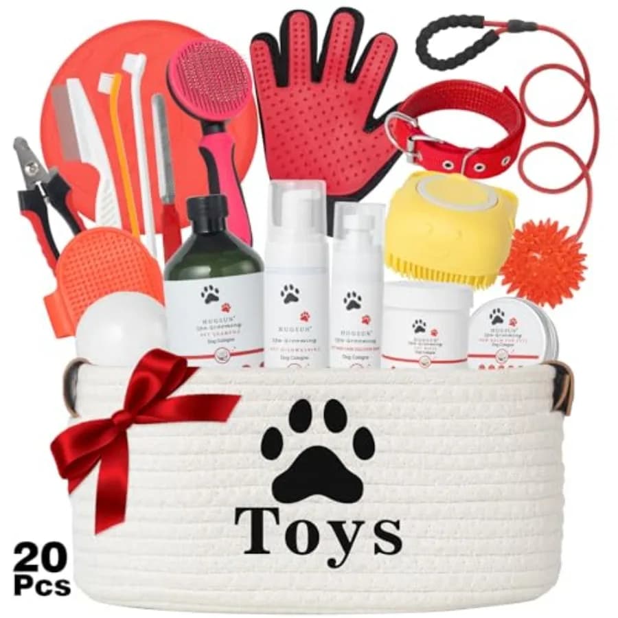 Cesto Regalo per Cani XXL da 20 Pezzi, Set Regalo per Spa per Animali Domestici con Gel Doccia, Shampoo, Giocattoli, Peluche, Corda in Gomma, Giocattoli per Addestramento, Compleanno