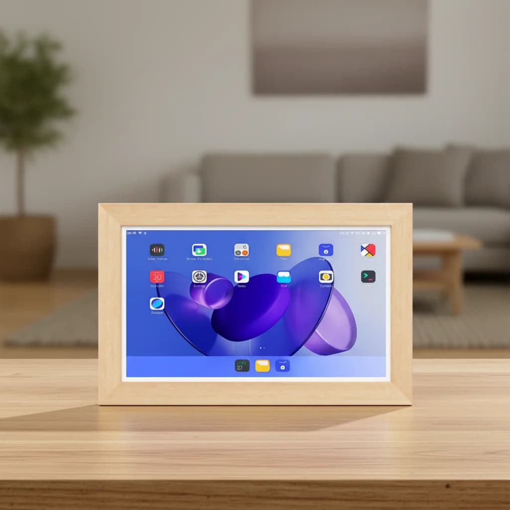 Cornice Digitale in Legno Massello da 15.6" 1080p con Touch Screen, WiFi, Cloud, Riproduzione Foto e Video MP4, Album Elettronico Android