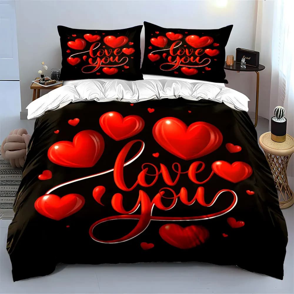 Set di biancheria da letto con stampa a tema amore con palloncini a forma di cuore rosso, sfondo nero, morbido e confortevole, include 1 copripiumino e 2 federe.