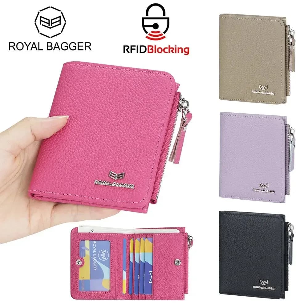 Portafoglio da Donna in Vera Pelle, Piccolo Portamonete con Cerniera, Borsellino Corto in Pelle Bovina, Porta Carte RFID, Regalo per Donne