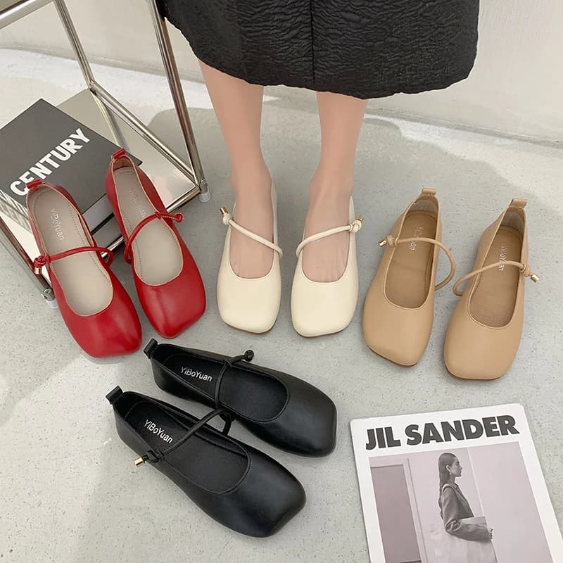Ballerine in morbida similpelle donna cintura in corda ballerine punta quadrata mocassini donna Retro rosso Mary Janes 2022 nuovo