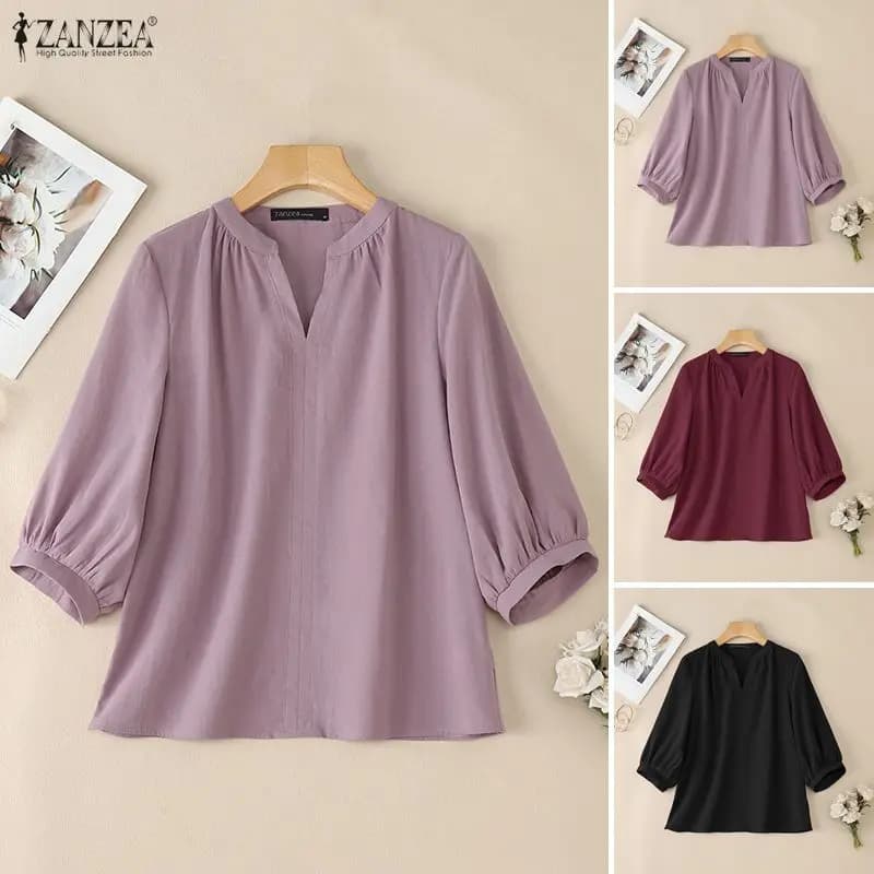 2026 Summer Women Tops ZANZEA Elegant 3/4 Lantern Sleeve Work Blouse Vintage Solid Cotton Shirt Casual V Neck Holiday Tunic