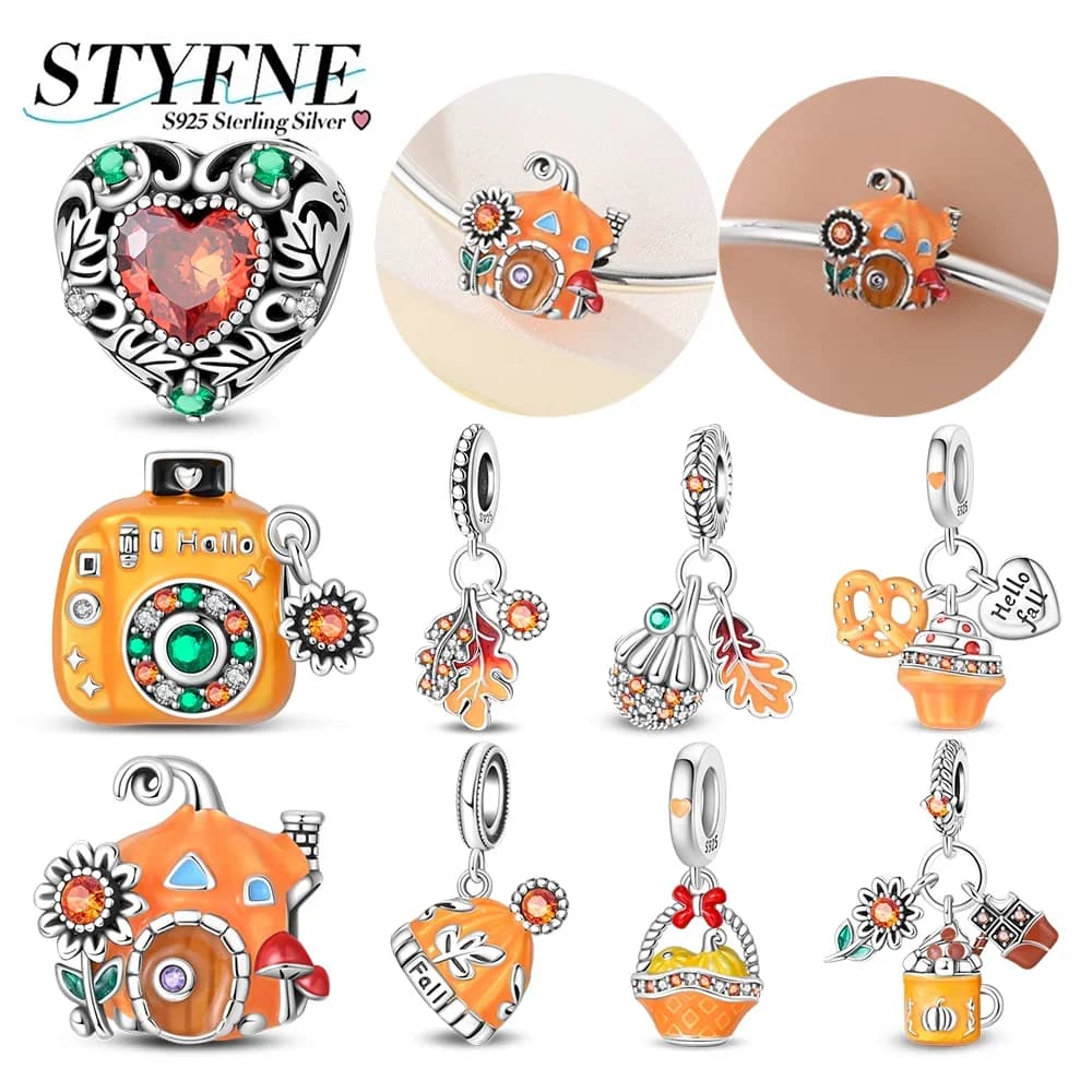 S925 Silver Autumn Charms Maple Leaf Beads Colored Zircon Pumpkin Flower Basket Pendant Fit Diy Jewelry Gift Original Bracelet